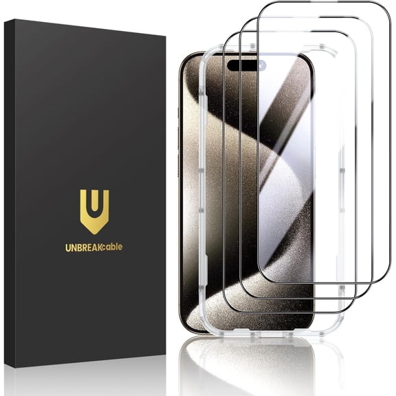 UNBREAKcable Tempered Glass Screen Protector for iPhone 15 Pro [3-Pack] [Full Coverage] [9H Hardness] 6.1"