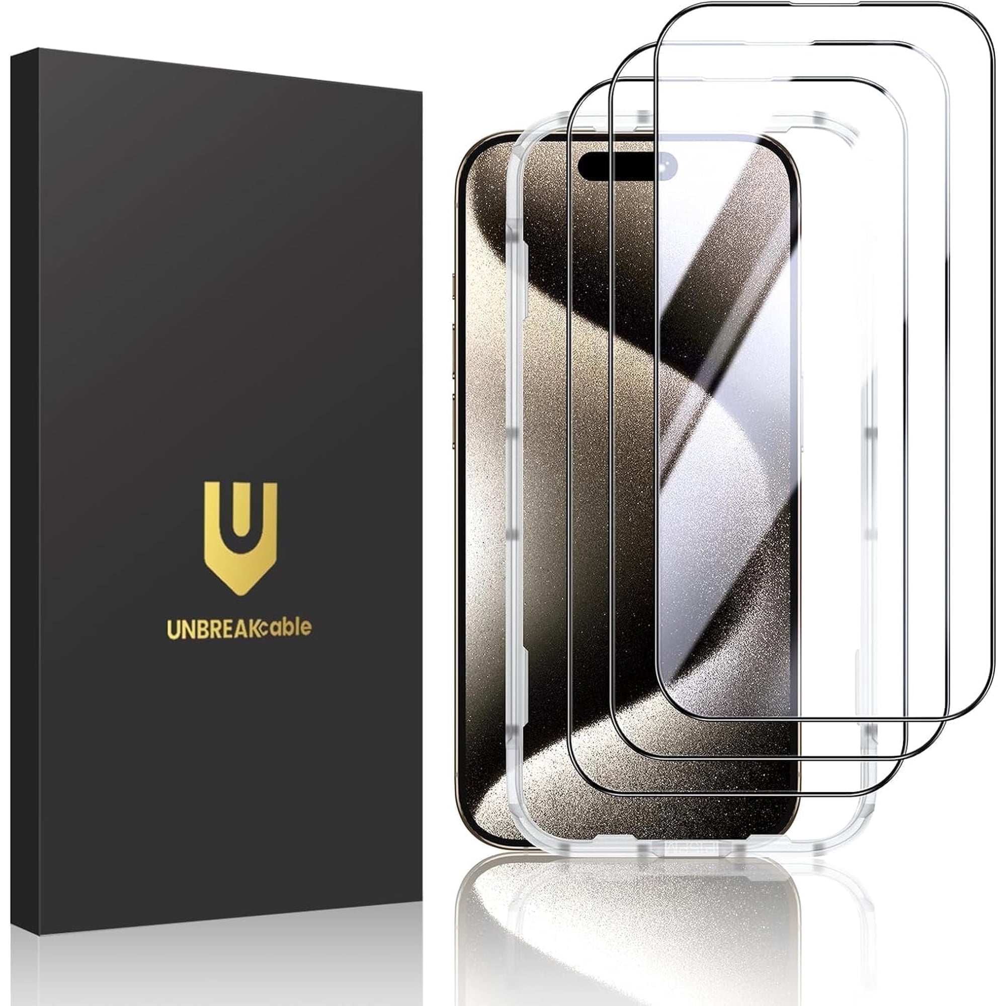 UNBREAKcable Tempered Glass Screen Protector for iPhone 15 Pro [3-Pack] [Full Coverage] [9H Hardness] 6.1"