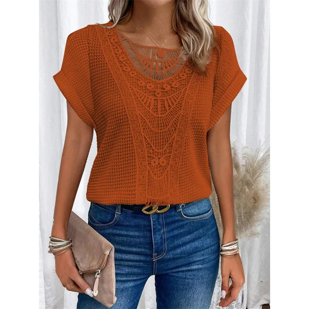 Camiseta tejida de Color liso para mujer, Jersey ahuecado con cuello redondo, Top femenino coreano, camisetas informales cómodas de manga corta