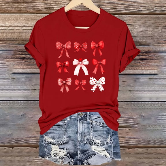 Tops for Women with Bow Valentine's Day Print Round Neck Short Sleeve Blouse Red M