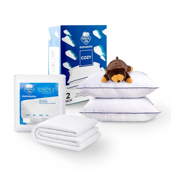 Blancos Spring Air, Almohada Cozy + Protector Essence Matrimonial + Oso Peluche