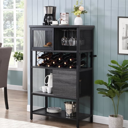 Industrial Bar Cabinet with Wine Rack Rustic Wine Cabinet for Liquor and Glasses Farmhouse Coffee Bar Cabinet with Storage Rustic Buffet and Sideboard for Dining Room Living Room Kitchen L0153