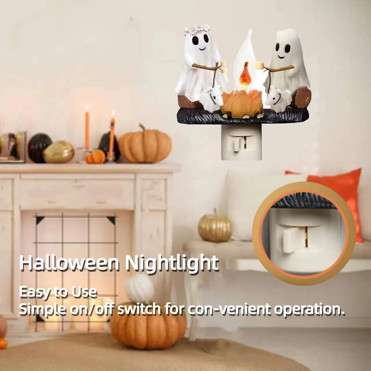 1PCS Ghost Campfire Nightlight, 2024 Ghost Roasting Marshmallows Night Light, Halloween Nightlight Flickering Firelight Indoor Decorations Lamp (Ghost&Dog)