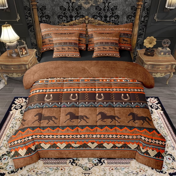 Homewish Vintage Rustic Horseshoe 7-Piece Twin Bedding Sets,Rustic Farmhouse Cabin Bedding Comforter Set,Brown Boho Aztec Sheet Sets For Adults,Luxury Bedroom Decor Reversible