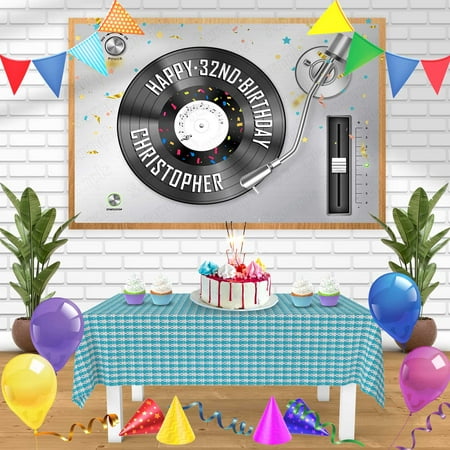 Image of Vinyl Record Turntable Music Bn Birthday Banner Personalized Party Backdrop Decoration 60 x 44 Inches