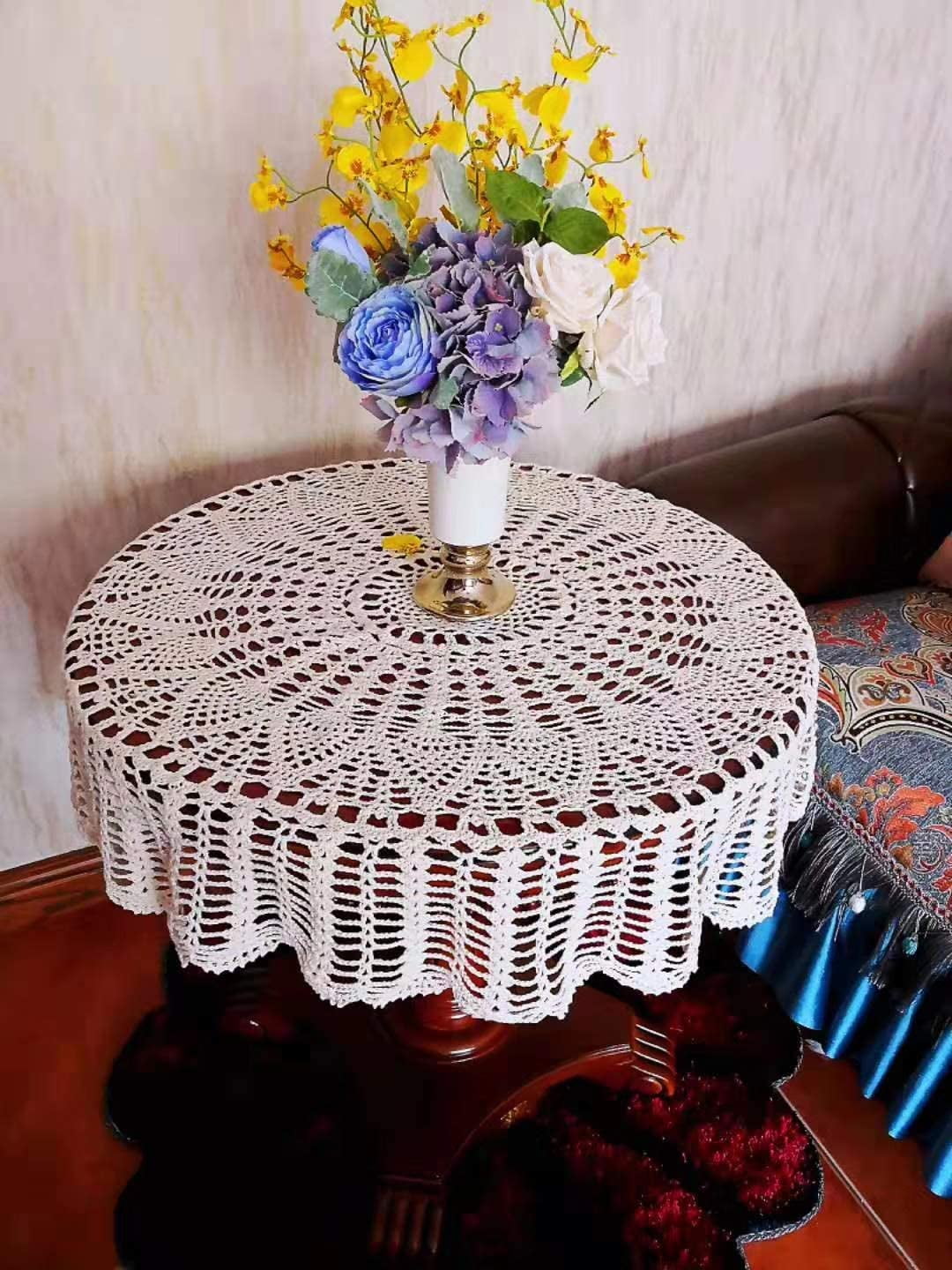 vintage crochet tablecloth, handmade ecru cotton lace, modern