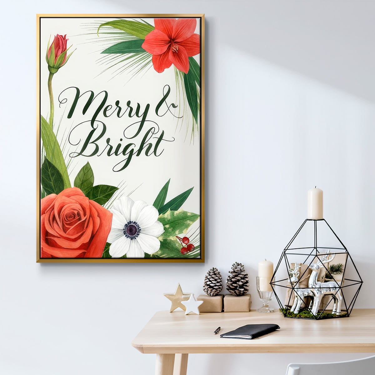 Christmas Flora Wreath Collection B - Framed Gallery Wrapped Holiday Canvas - 25 x 37 - Gold Frame