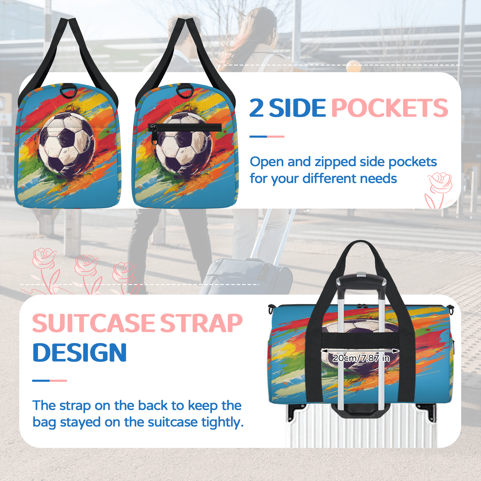Herdesigns Sports Travel Duffle Bag Sports Yoga Weekender Overnight Carry on Workout Bags Lightweight Waterproof Gym Tote Bag for Women Football Soccer