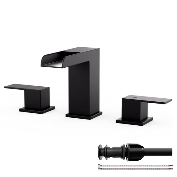8 in. Widespread 2-Handle Bathroom Faucet with Waterfall Spout, Matte Black Finish, Pop-Up Drain & 3-Hole Sink Installation