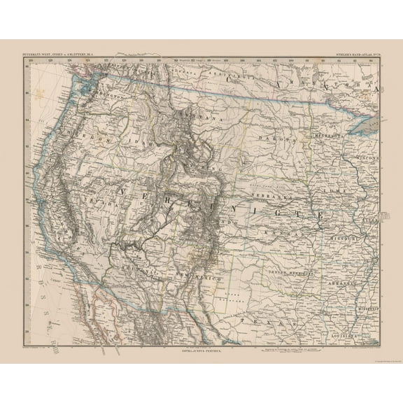 Historic Map - United States Western - Stieler 1885 - 28.55 x 23 - Vintage Wall Art