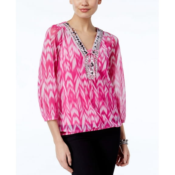 INC International Concepts Embellished Peasant Top Blur Ikat XL