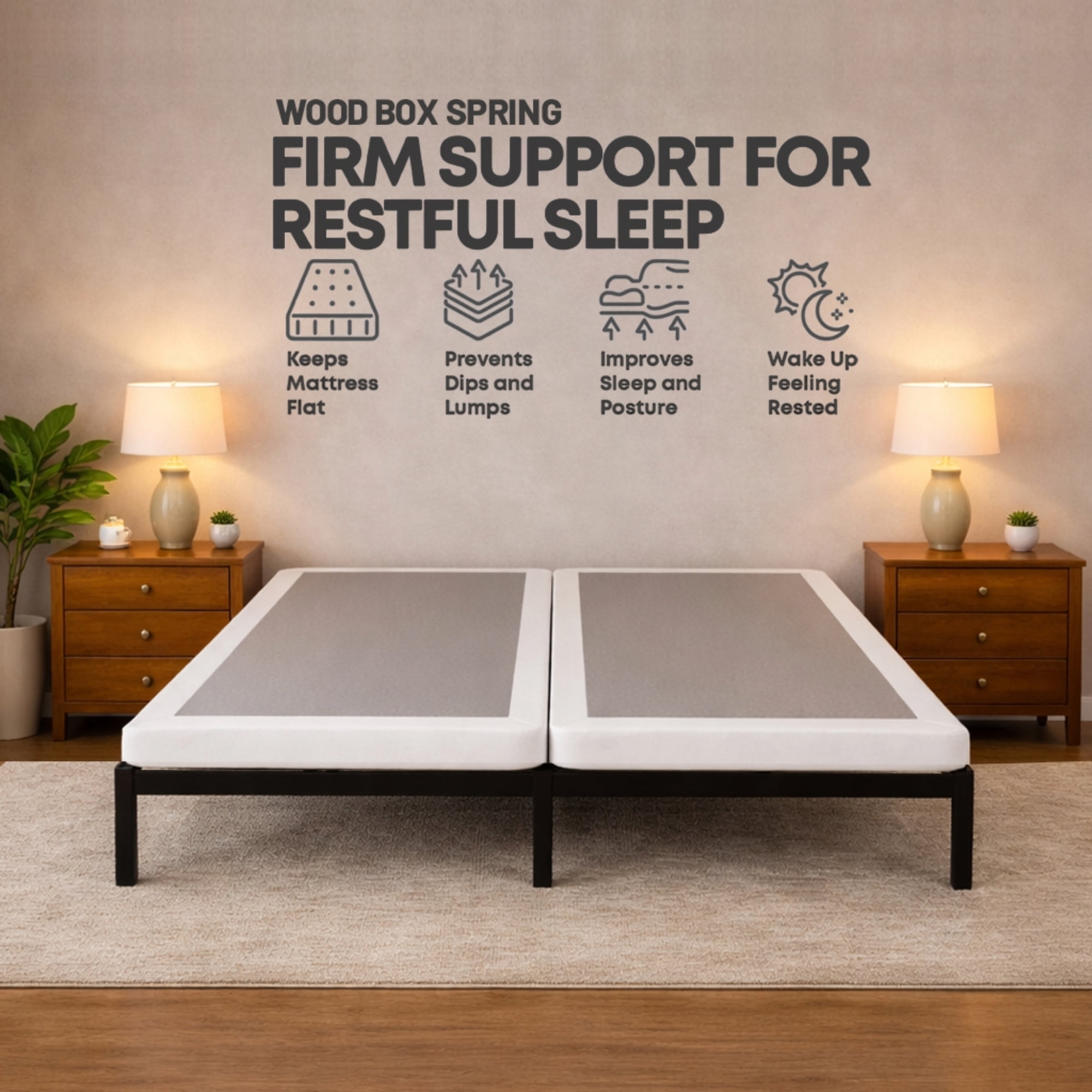 Continental Sleep, Box Spring Bed Base Full Size, 1.5-Inch Wood Mattress Foundation, Quiet Noise Free, 2-Pieces Under Mattress Support BoxSpring, Fully Assembled, White