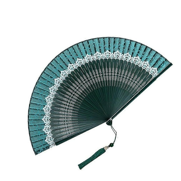Green Chinese Style Folding Fan with Unique Patterns for Decoration and Cooling, Synthetic Material