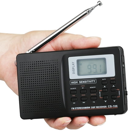 Portable Digital World Full Band Radio Receiver with LED Display, TSV AM/FM/SW/MW/LW Radio with Alarm Clock, Battery Operated Pocket Personal Radio for Elders, Black