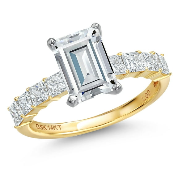 Gem Stone King 14K White And Yellow Gold White Moissanite and Lab Grown Diamond Engagement Ring for Women | 4.51 Cttw | Emerald Cut 10X8MM | Gemstone Birthstone | Size 9