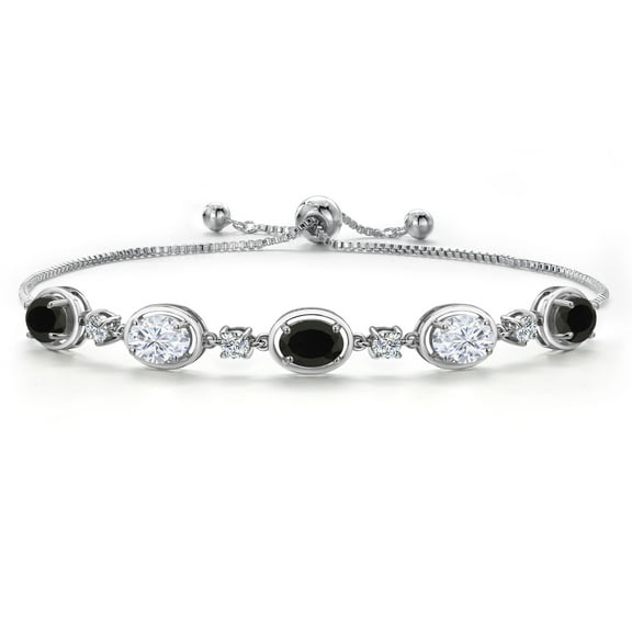 Gem Stone King 925 Sterling Silver Black Onyx and White Moissanite Bracelet for Women | 3.90 Cttw | Gemstone December Birthstone | Oval 7X5MM | Fully Adjustable 9 inch