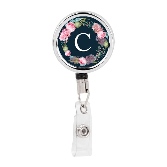 Koyal Wholesale Retractable Badge Reel Holder With Clip, Blush Pink Peonies Flowers Monogram C