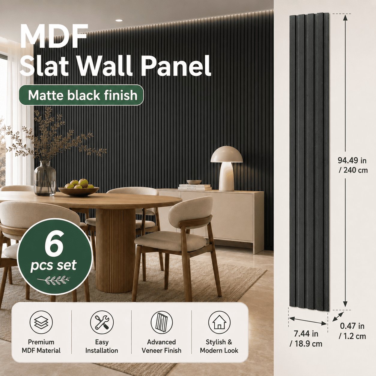 Yeslife 6 pcs Slat Wall Panels, 94.49 x 7.44 in, Matte Black MDF, 3D Decorative Design for Interior Walls and Ceilings