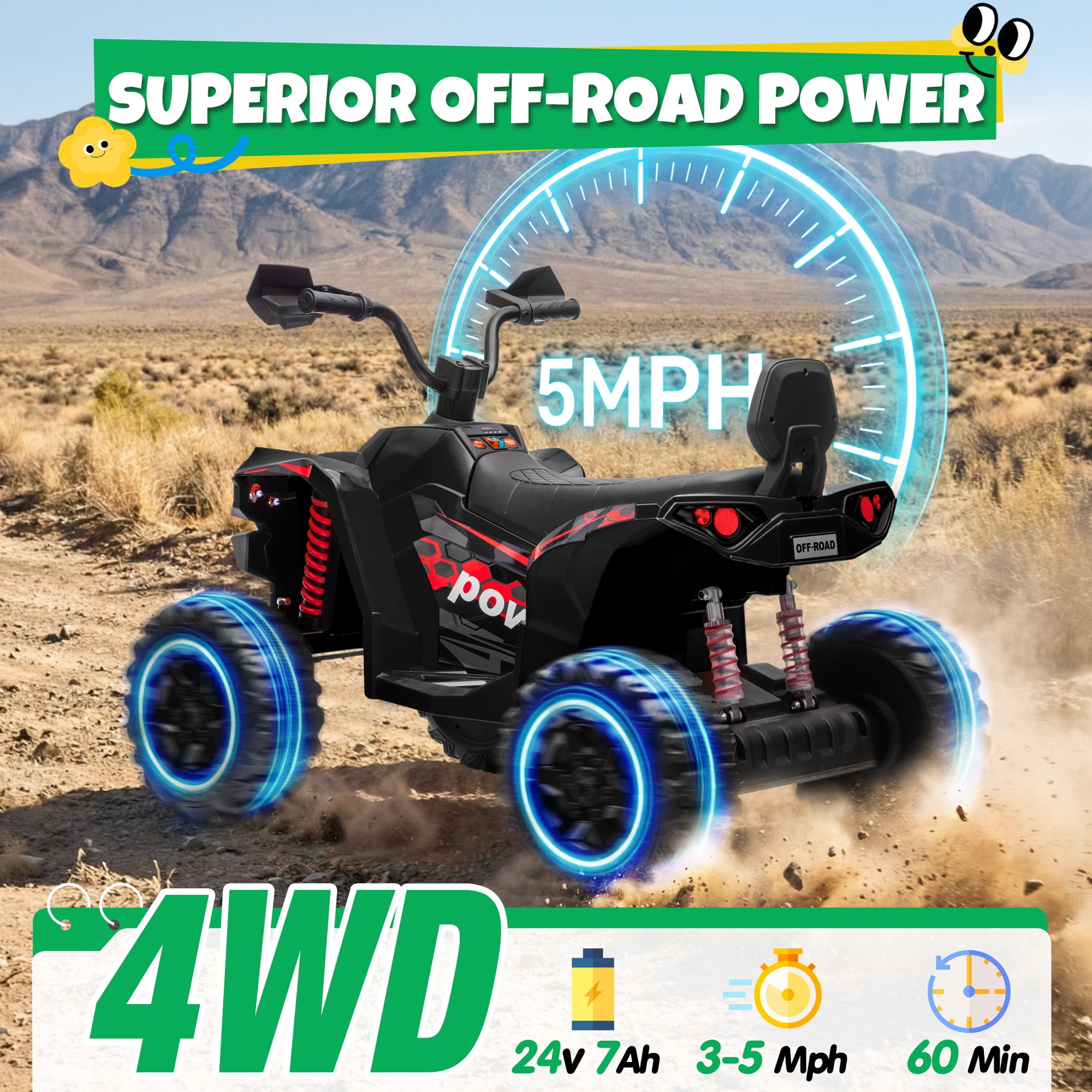 24V Kids Ride On ATV for Ages 3-8, 4WD Electric Quad with 4 Motors, Bluetooth Music, LED Lights, Spring Suspension, 3-5 km/h, 110 lbs Capacity, Battery Powered Toy for Boys Girls, Black