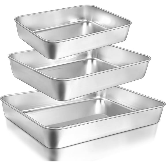 Baking Pans Set of 3, Commercial Grade Stainless Steel Cookie Pan for Baking, 12/10/9 Inch, Rectangle Bakeware Set for Cakes Breads Lasagna Casseroles, Rust & Warp Resistant & Nonstick, Heavy Duty
