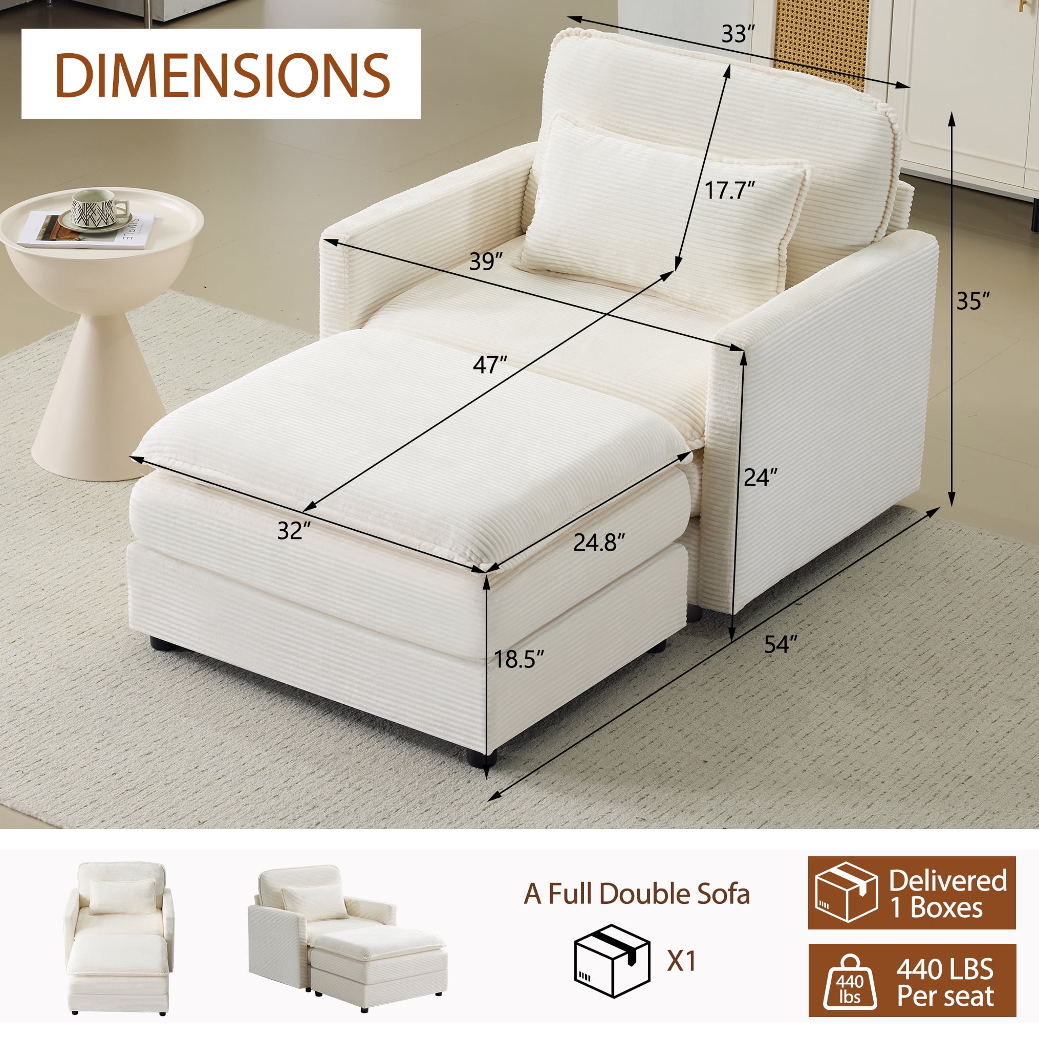Gewnee 54"Cloud Sofa,Deep Seat Modular Single Sofa with Pillow and Ottoman,Comfy Corduroy Sofa Chair for Living Room,Bedroom,Apartment.Beige