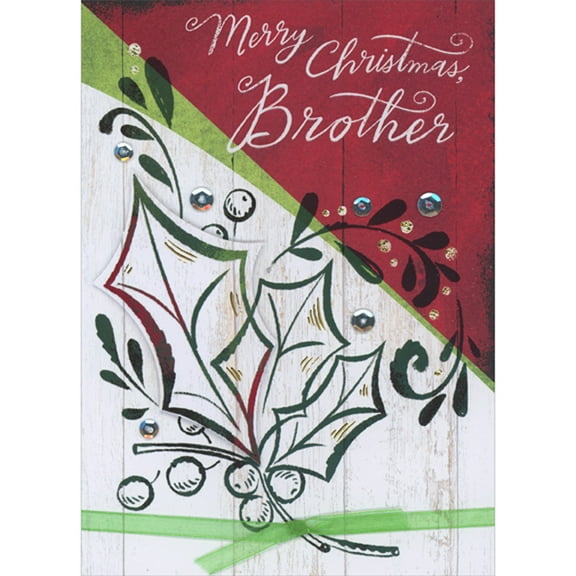 Designer Greetings White, Green and Red 3D Die Cut Holly Leaf and Sequins on White and Red Woodgrain Hand Decorated Christmas Card for Brother