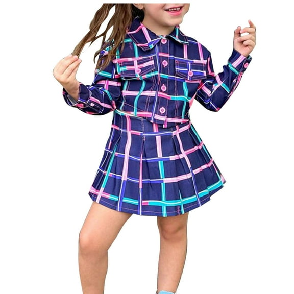 Hienoo Girls Outfits Plaid Long Sleeve Jacket & Pleated Skirt Set