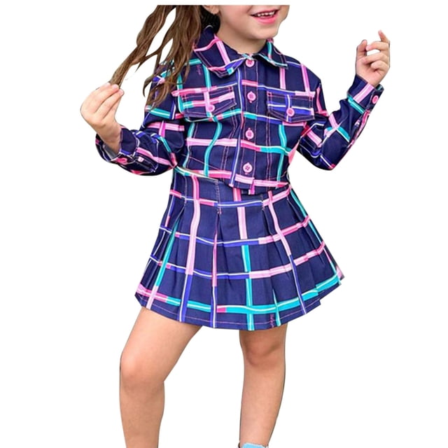 Fgnfyis Ensemble de Robe pour Enfants Mode Robe d'Été pour Filles Nouvelle Jupe Plissée à Carreaux pour Enfants Tenues d'Automne pour Filles 2-3 Ans Violet