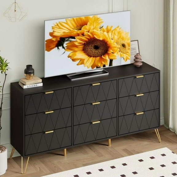 Anbuy Black 9 Drawer Dresser, Dual Long Chest of Drawers, Large Modern Dresser for Bedroom with Gold Handles (Black)