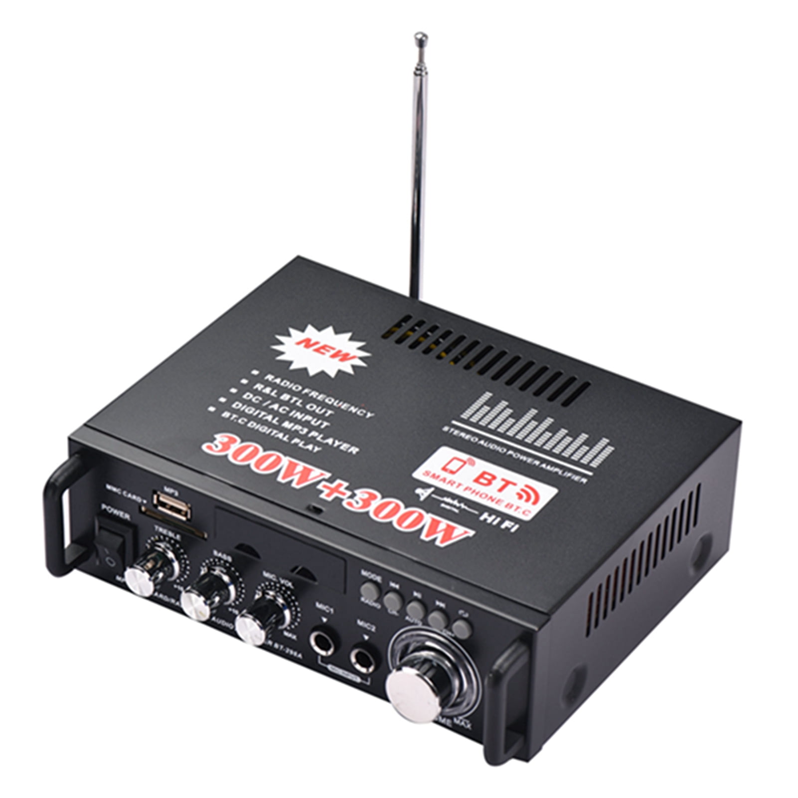 Audio 12V / 220V Mini Audio Power Amplifier 2CH 300W+300W For Car Home Use BT Digital Audio Receiver AMP USB Memory Card Slot Digital MP3 Player FM Radio LCD Display Dual Mic Input