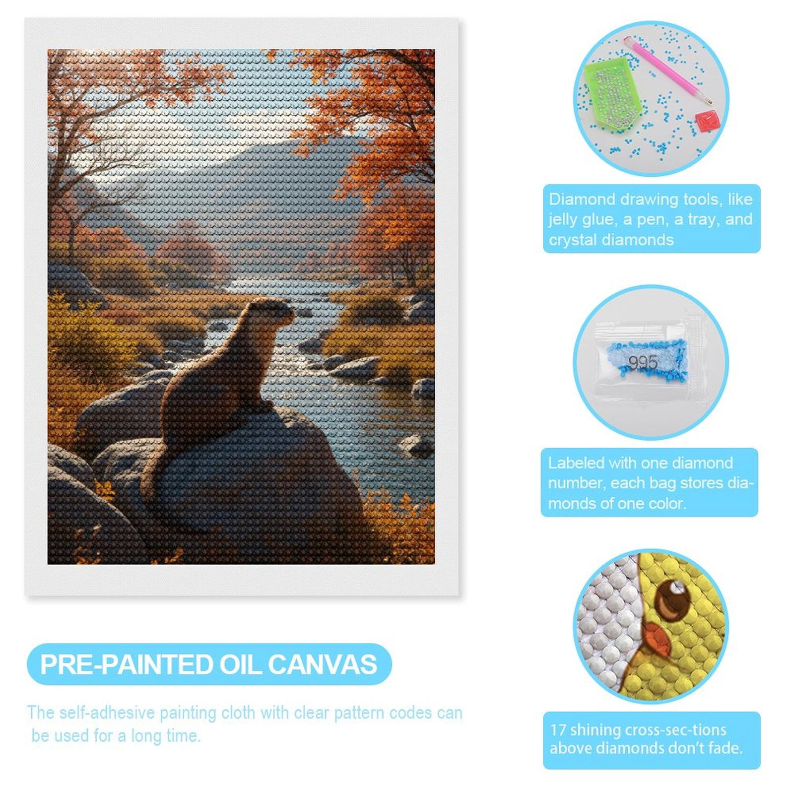 Diamond Art Kits for Adults, Autumn River Otter Scenic Landscape 5D Diamond Painting Kits for Adults Beginners, DIY Full Drill Diamond Painting, Gem Art and Crafts 12x16