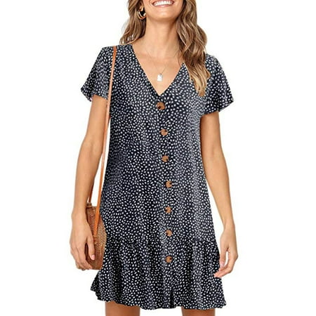 Mini Ruffle Convertible Dress - Womens Dot V Neck Polka Button Down Ruffles Loose Mini Short T-Shirt Dress