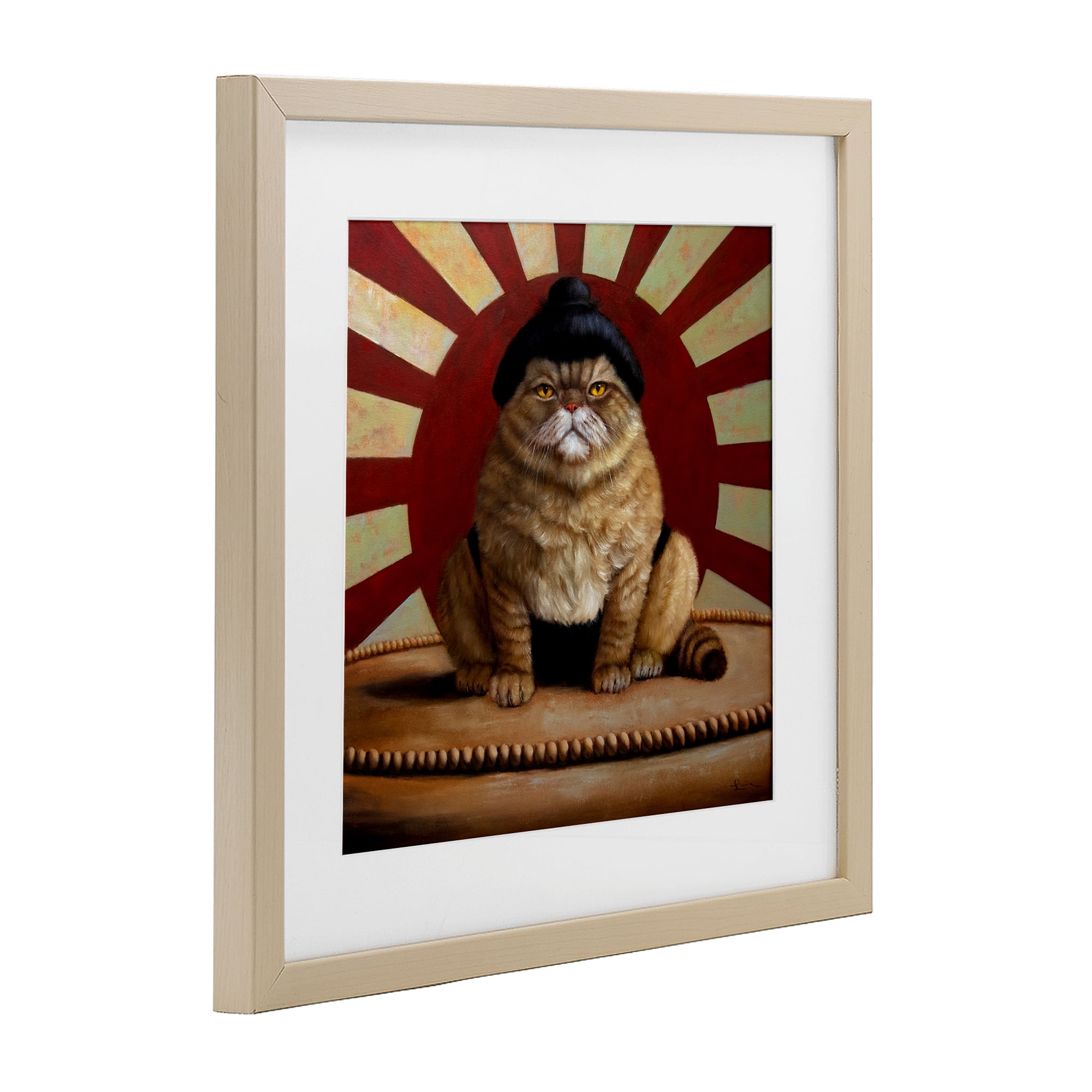 Stupell Industries Sumo Cat with Sun Rays Birch Framed Print Under Glass, design by Lucia Heffernan