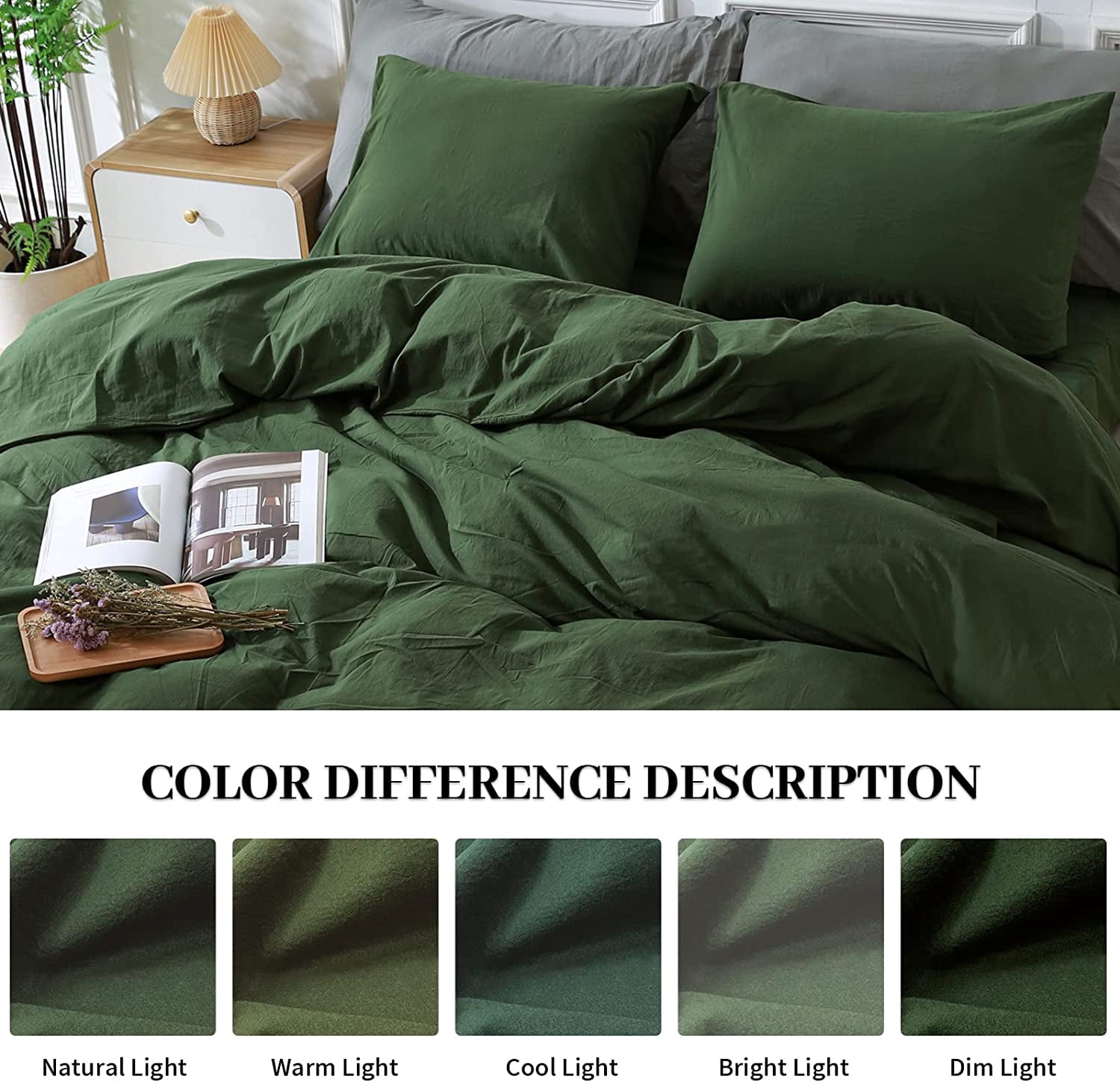 NEXHOME PRO Duvet Cover Set 100% Washed Cotton 3 Pieces Linen Breathable Soft Durable Duvet Cover Bedding Set with Zipper Closure, Full Size Forest Green (Comforter Not Included)