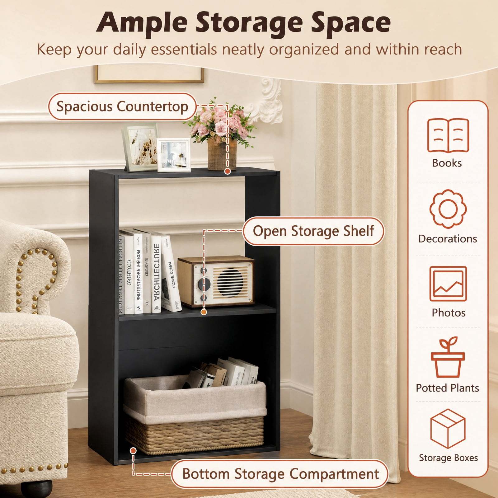 Furnibear 3-Tier Freestanding Bookshelf with Open Storage Compartment Countertop and Anti-Toppling Device for Study and Home Office, Black