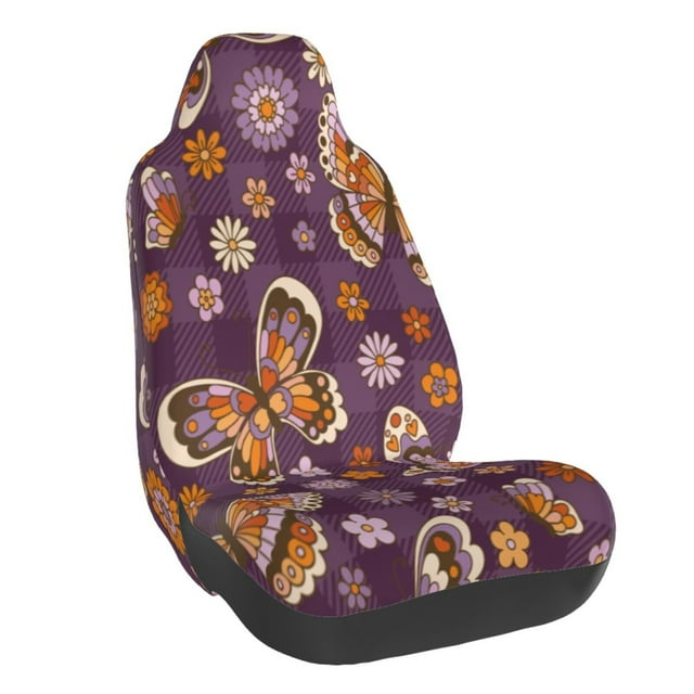 Wukai Buffalo Plaid and Butterflys Full Set Car Seat Covers with Soft Padding Universal Auto Front Seats Protector and Cushion Mat