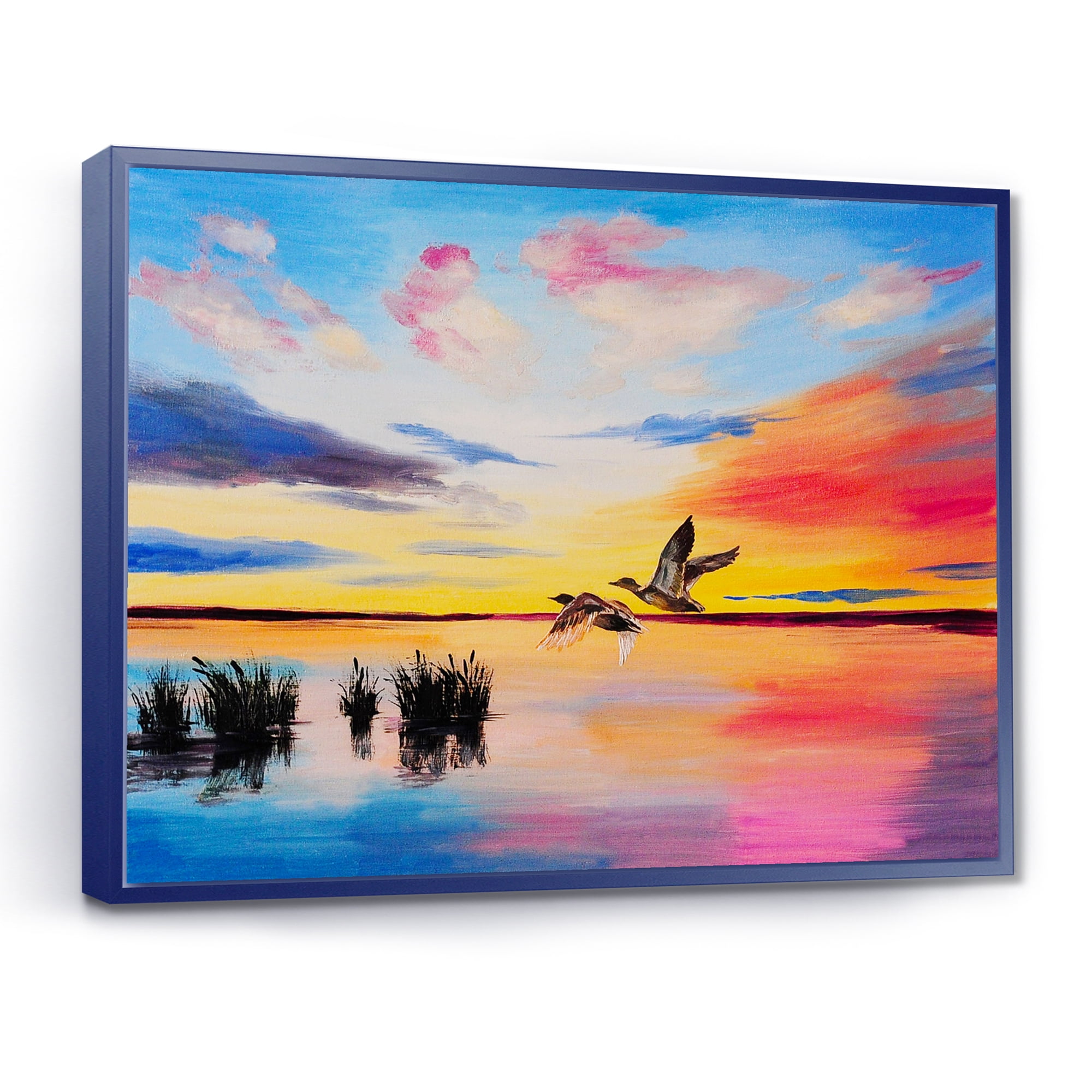 Crane Birds Flying During Colorful Sunset 40 in x 30 in Framed Painting Canvas Art Print, by Designart