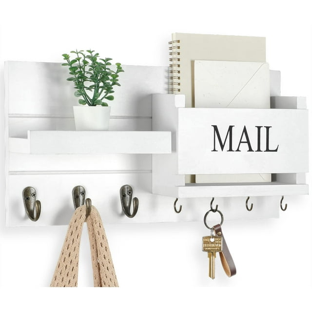 Mail Organizer Lwenki - Soporte de pared con llavero y estante, color blanco