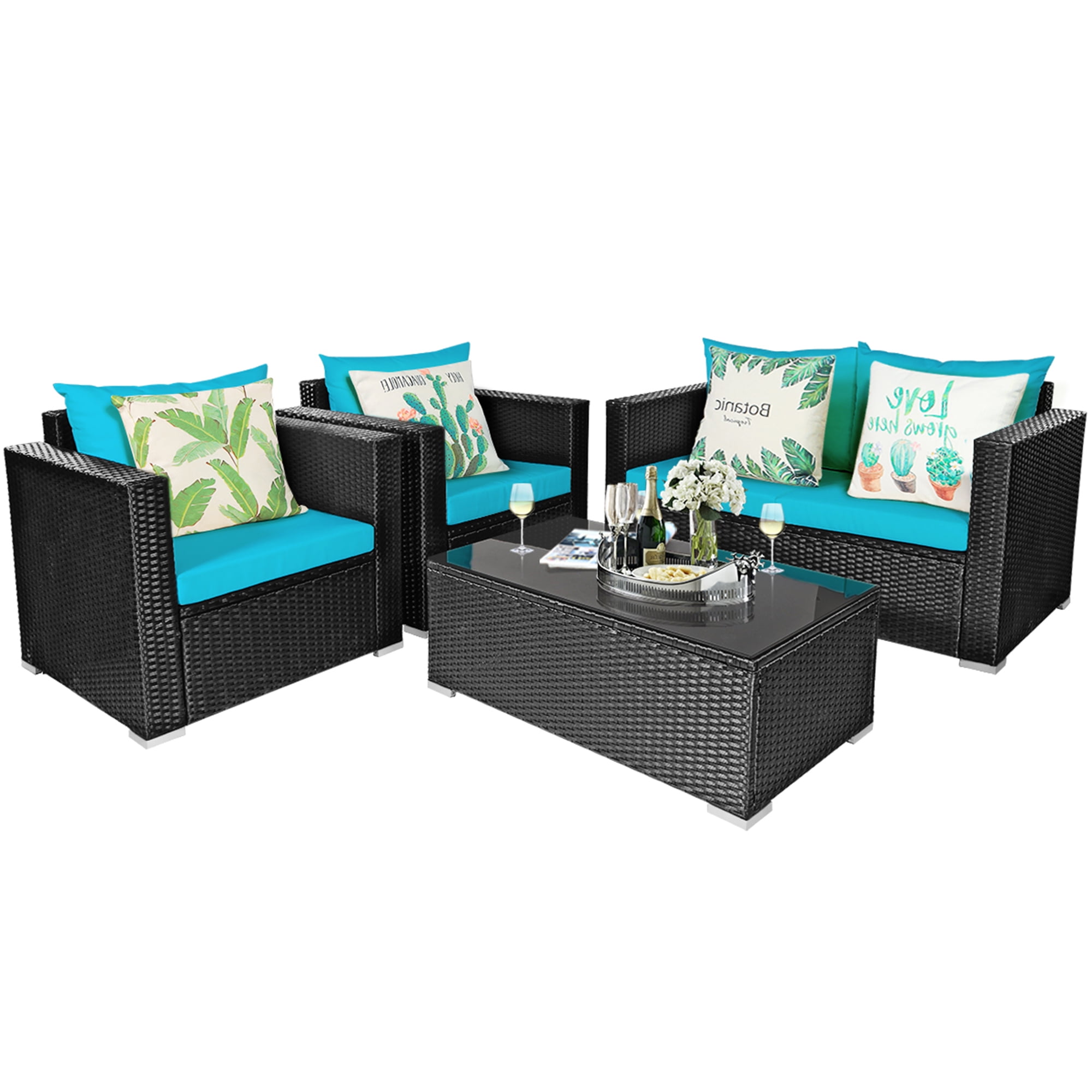 Gymax 4PCS Rattan Patio Conversation Set Outdoor Furniture Set w/ Cushions - Walmart.com 