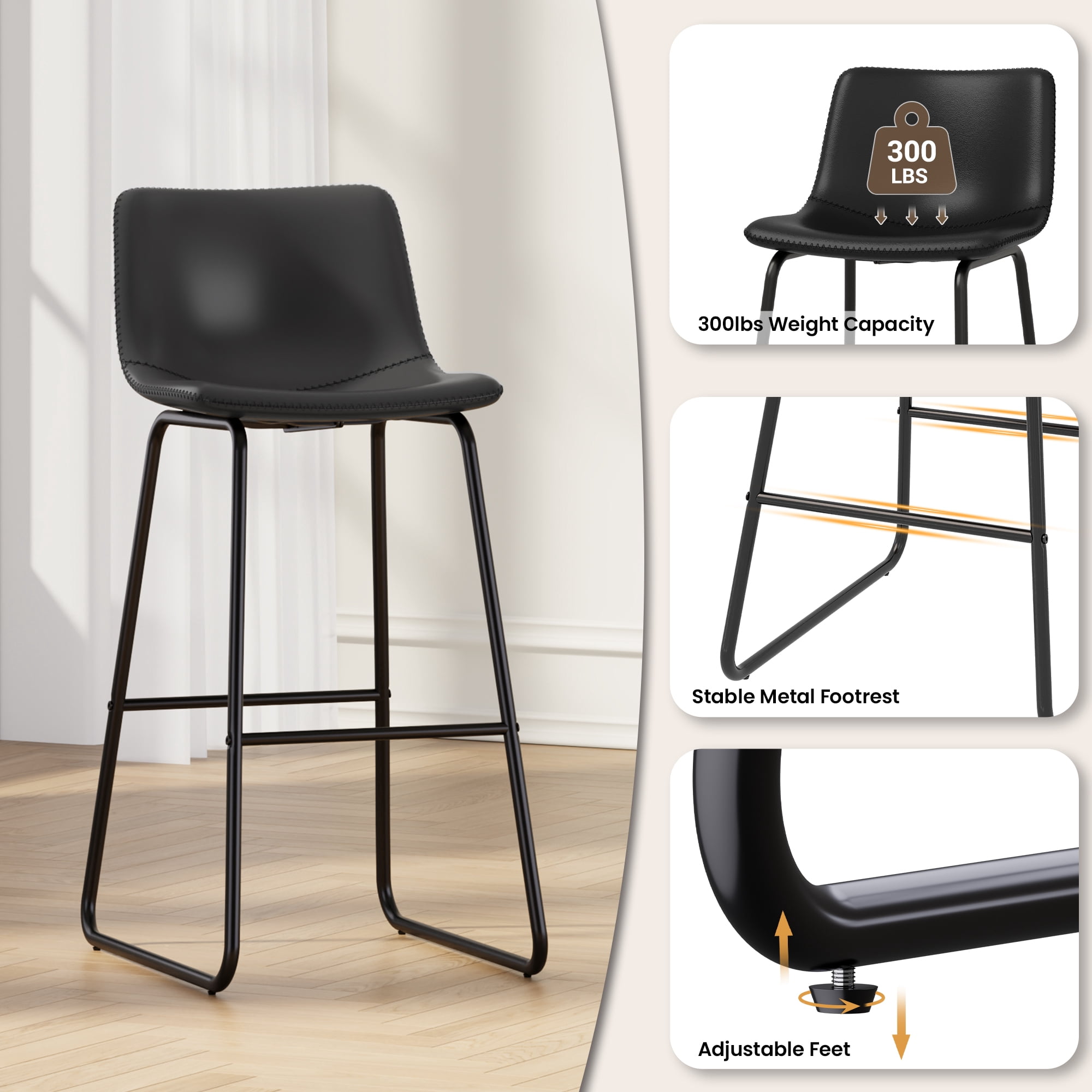 Aufeile 30" Counter Height Bar Stools Set of 2 – Modern Faux Leather Barstools with Back & Metal Legs, Kitchen Bar Chairs for Island, Dining Room, Black