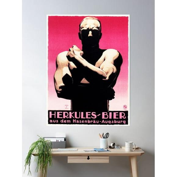 Herkules Bier By Ludwig Hohlwein Vintage Art Deco German Beer Advertisement Poster Wall Art, Modern Wall Decor For Living Room Bedroom, 24x36 UNFRAMED