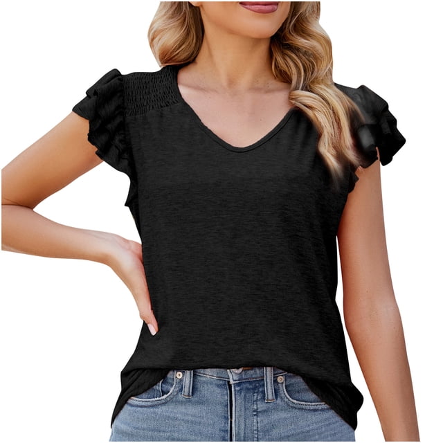Pompotops Womens Spring And Summer Flounce V-neck Solid Color Bottom T-shirt Top Clearance