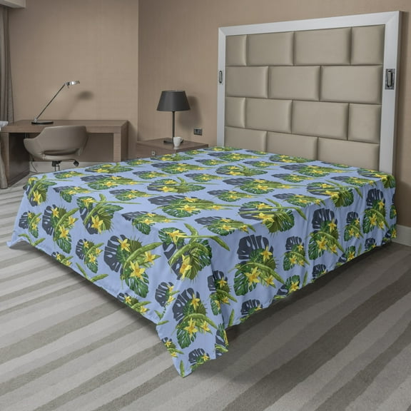 Ambesonne Tropical Flat Sheet, Exotic Botany Repetition, Queen Size, Azure Blue Olive Green
