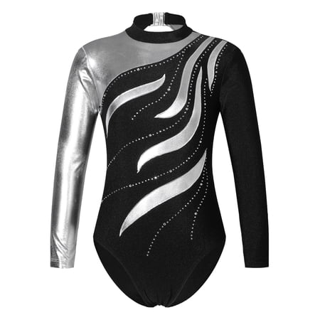 CHICTRY Kids Girls Long Sleeve Cutout Back Gymnastics Leotard Shiny Rhinestones Dance Gym Exercise Bodysuit Black 10