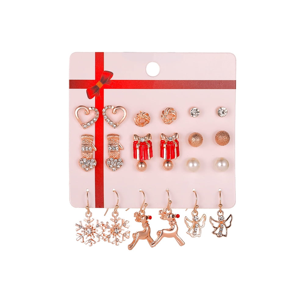 Multiple Enamel Bling Rhinestone Christmas Earrings for Women Gold Color  Alloy Tree Bells Elk Snowflake Stud Earrings Set - Walmart.com