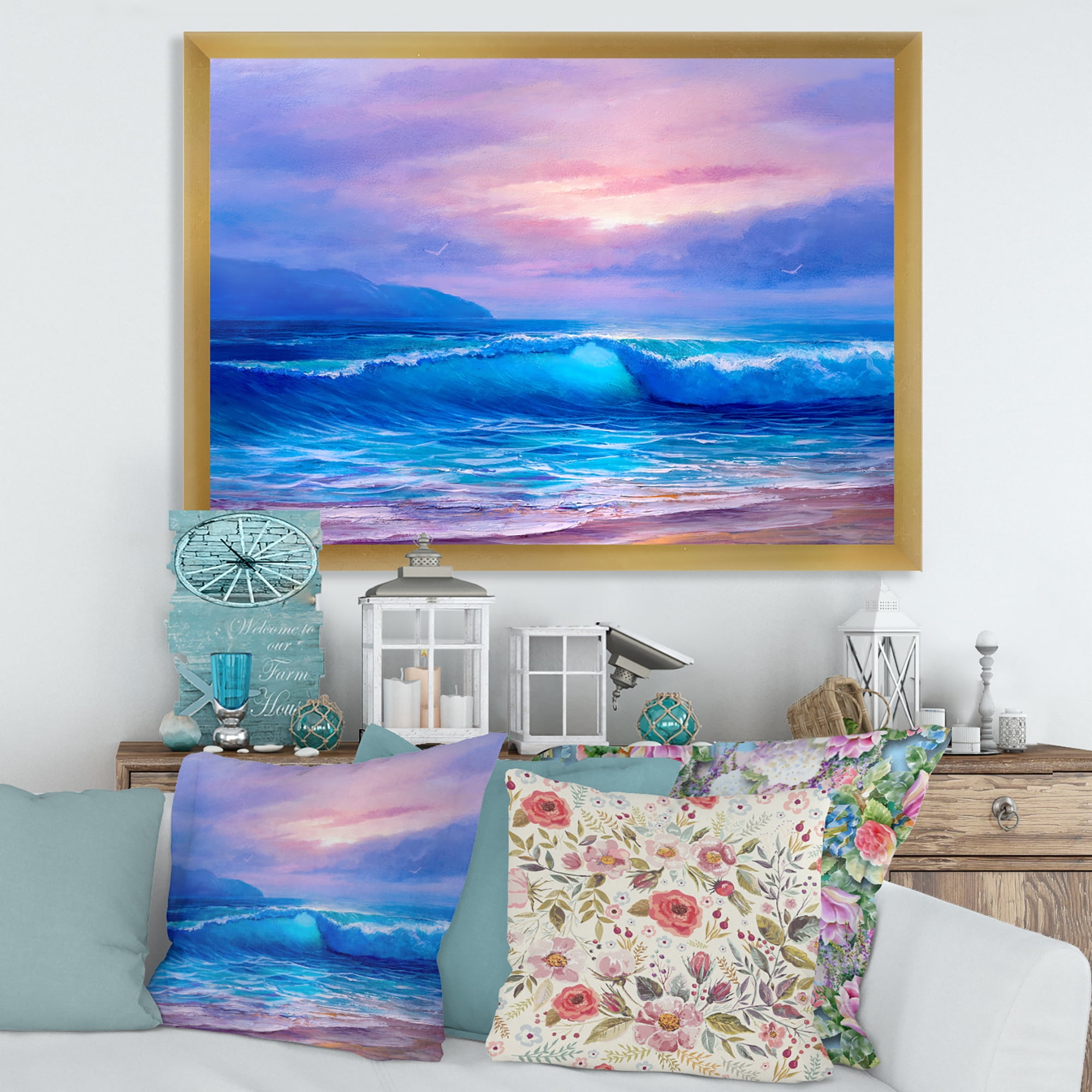 Designart 'The Sea By The Beach With Golden Sunset' Nautical & Coastal Framed Art Print