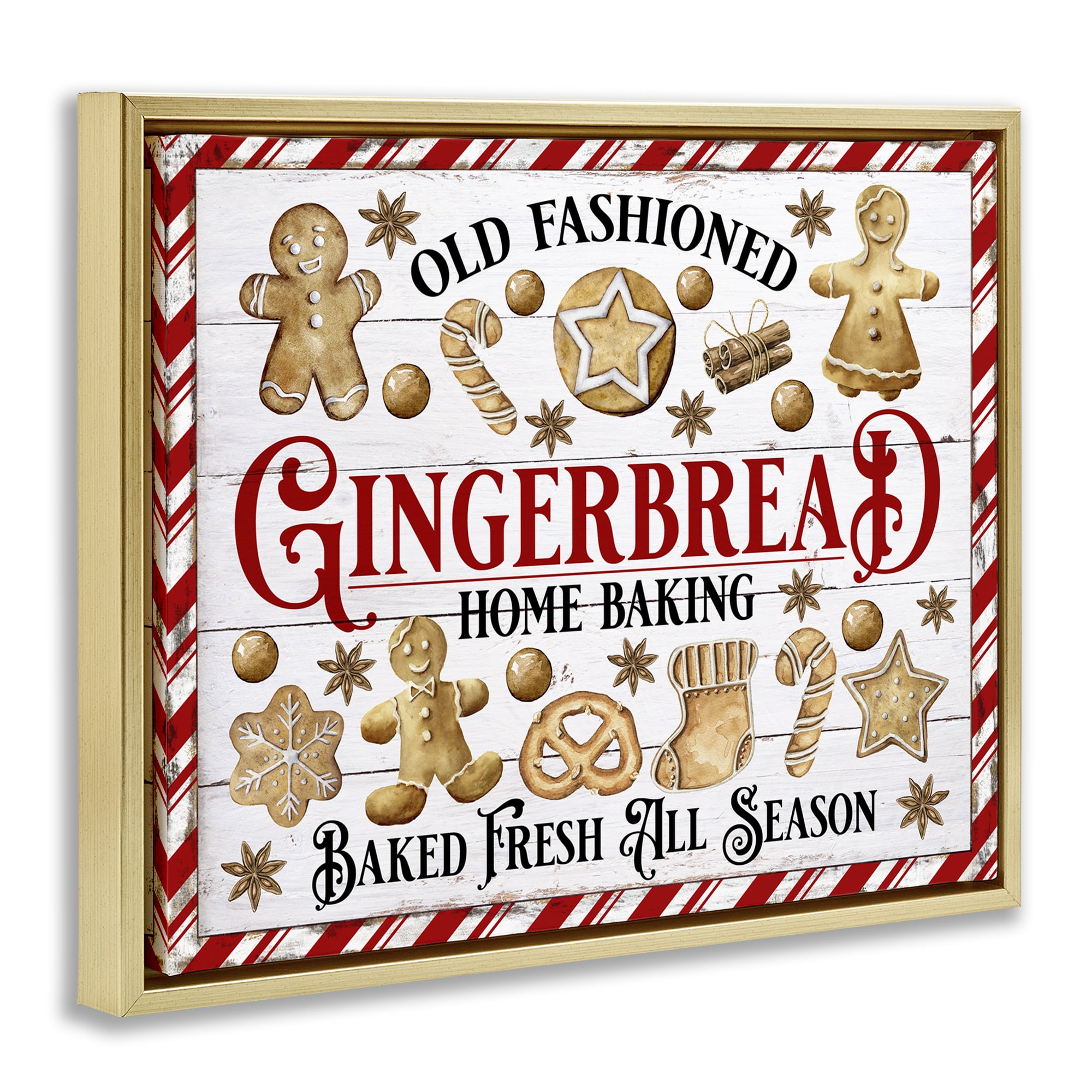 Stupell Industries Old Fashioned Gingerbread Holiday Painting Gold Floater Framed Canvas Art Prints Wall Art, 21 x 17