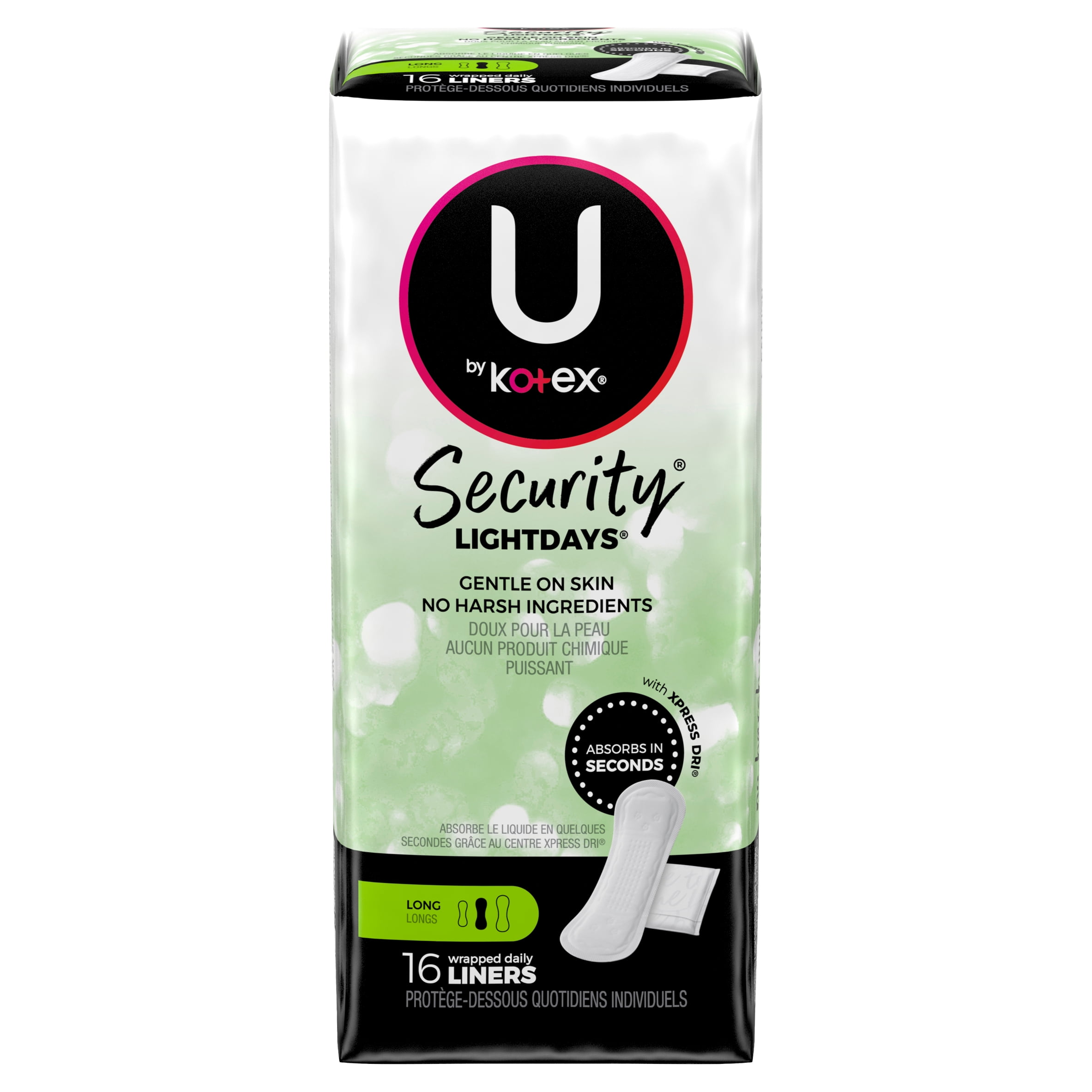 Kotex U Security Lightdays Panty Liners Light Absorbency Long Wrapped Unscented 16 Count Walmart Com Walmart Com