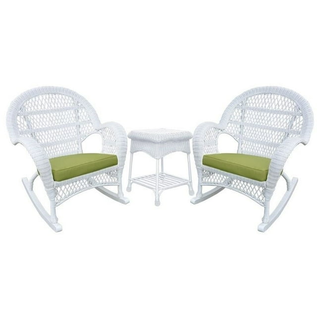 Jeco Ensemble de Conversation en Osier 3 Pcs Blanc avec Coussins Verts
