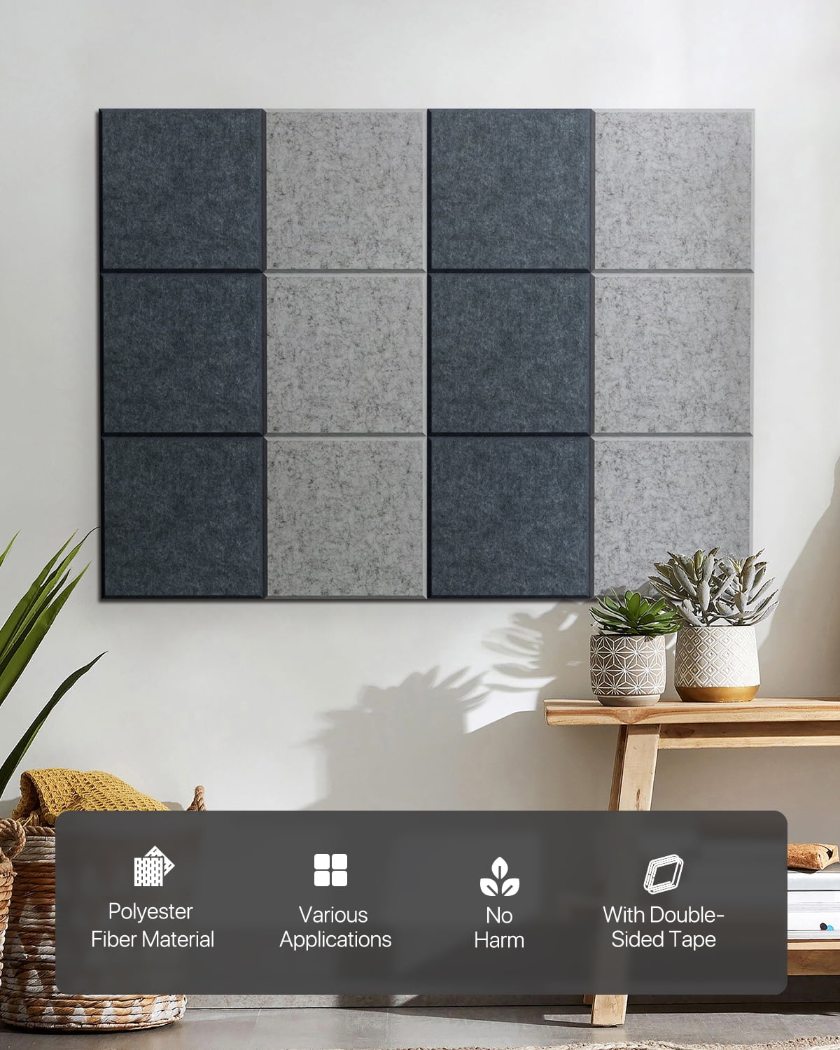 Soundsbay Soundproof Wall Panels Square Self-Adhesive Soundproof Absorbing Noise Cancelling Wall Panels 12 Pack Dark Gray 12'' x 12'' x 0.4''